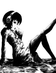 Rule 34 | 1girl, arm support, black eyes, black hair, black pantyhose, bob cut, contrast, crosshatching, empty eyes, expressionless, from side, greyscale, hand to own mouth, hatching (texture), headphones, highres, kicking, knee up, leg up, looking at viewer, looking to the side, monochrome, monogatari (series), oshino ougi, ougibro (spookybro), owarimonogatari, pantyhose, puffy sleeves, school uniform, shirt, shoes, short hair, simple background, sitting, skirt, sleeves past wrists, solo, white background