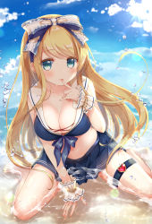 Rule 34 | 1girl, absurdres, barefoot, beach, between legs, bikini, bikini top only, blonde hair, blue bikini, blue skirt, blue sky, bow, breasts, cleavage, cloud, collarbone, day, emori el, finger to mouth, floating hair, gomano rio, green eyes, hair bow, hand between legs, heart, highres, index finger raised, kneeling, large breasts, lens flare, liver city, long hair, looking at viewer, miniskirt, ocean, outdoors, pleated skirt, skirt, sky, solo, swept bangs, swimsuit, thigh strap, very long hair, wrist cuffs