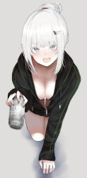 Rule 34 | 1girl, :d, beer can, bikini, bikini under clothes, black bikini, black jacket, black nails, blue eyes, blush, breasts, can, cleavage, collarbone, commentary request, downblouse, drink can, full body, grey background, hair ornament, hairclip, hanging breasts, highres, holding, holding can, jacket, long sleeves, looking at viewer, medium breasts, nail polish, open mouth, original, partially unzipped, ponytail, shiabisu, short hair, sidelocks, silver hair, simple background, sleeves past wrists, smile, solo, swimsuit, thigh gap, zipper pull tab