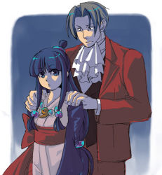 Rule 34 | 1boy, 1girl, :o, ace attorney, ascot, blunt bangs, brown hair, capcom, cowboy shot, formal, half updo, hands on another&#039;s shoulders, jacket, japanese clothes, kimono, long hair, looking at viewer, low-tied long hair, lowres, magatama, maya fey, miles edgeworth, parted lips, red jacket, sash, simple background, suit, upper body, very long hair, wavy mouth