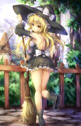 Rule 34 | 1girl, arm up, armpits, ass, back, back bow, bare legs, bare shoulders, black dress, black footwear, black hat, blonde hair, blush, bow, braid, breasts, broom, commentary, day, detached sleeves, dress, fence, fii fii (feefeeowo), frilled dress, frilled sleeves, frills, from behind, full body, hat, hat bow, highres, holding, holding broom, kirisame marisa, kneeling, kneepits, leg up, long hair, long sleeves, looking at viewer, looking back, open mouth, outdoors, parted lips, print dress, side braid, signature, small breasts, solo, standing, standing on one leg, star (symbol), star print, symbol-only commentary, touhou, water, waterfall, white bow, wind, witch hat, yellow eyes