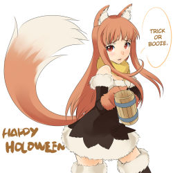 Rule 34 | 1girl, animal ears, aoyama hitsuji, bare shoulders, blush, boots, brown hair, cup, detached sleeves, dress, female focus, gloves, halloween, hard-translated, holo, long hair, mug, red eyes, skirt, smile, solo, spice and wolf, tail, thigh boots, thighhighs, third-party edit, translated, white background, wolf ears