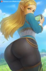 Rule 34 | 1girl, absurdres, artist name, ass, ass focus, black pants, blonde hair, blouse, blue shirt, braid, crown braid, grass, green eyes, hair ornament, hairclip, highres, huge ass, long hair, looking at viewer, looking back, meekohopanes, nintendo, outdoors, pants, pointy ears, princess zelda, shirt, skin tight, sky, solo, tablet, the legend of zelda, the legend of zelda: breath of the wild, thick thighs, thighs, tight clothes, tight pants