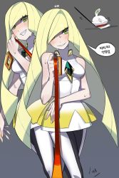 Rule 34 | 1girl, bare arms, black pantyhose, blonde hair, blush, breasts, bugita, commentary request, covered navel, creatures (company), dress, eyelashes, fingernails, game freak, gem, green eyes, green gemstone, grey background, hair over one eye, head tilt, highres, holding, holding leash, leash, long fingernails, long hair, looking at viewer, lusamine (pokemon), multiple views, nail polish, nintendo, pantyhose, parted lips, pokemon, pokemon sm, pov, short dress, simple background, sleeveless, sleeveless dress, smile, speech bubble, sweat, translation request, two-tone legwear, viewer on leash, white dress, white pantyhose, yellow nails