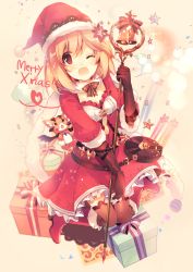 Rule 34 | 1girl, ;d, alternate costume, ball, beige background, belt, black gloves, blonde hair, blush, boots, bow, bowtie, box, christmas, clothing cutout, confetti, djeeta (granblue fantasy), dress, flower, frills, fur-trimmed boots, fur trim, gift, gift box, gloves, granblue fantasy, hair flower, hair ornament, hat, holding, holding staff, kirero, knee boots, kneeling, lace, merry christmas, navel, navel cutout, one eye closed, open mouth, red dress, red eyes, red flower, red footwear, red hat, ribbon, santa boots, santa costume, santa hat, scarf, short hair, smile, smoke, solo, sparkle, staff, star (symbol), striped bow, striped bowtie, striped clothes, striped neckwear, striped ribbon, thighhighs, vyrn (granblue fantasy)