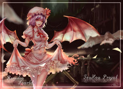 Rule 34 | 1girl, :d, ascot, bat wings, character name, copyright name, frilled skirt, frills, hat, kiyomasa ren, light purple hair, mob cap, open mouth, puffy short sleeves, puffy sleeves, red eyes, remilia scarlet, short hair, short sleeves, skirt, skirt hold, slit pupils, smile, touhou, wings
