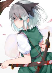 Rule 34 | 1girl, black cola, black hairband, black ribbon, from behind, green eyes, green skirt, hair ribbon, hairband, highres, konpaku youmu, konpaku youmu (ghost), looking at viewer, looking back, puffy short sleeves, puffy sleeves, ribbon, sheath, sheathed, shirt, short sleeves, silver hair, simple background, skirt, skirt set, solo, sword, touhou, vest, weapon, white background, white shirt