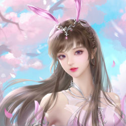 Rule 34 | animal ears, blue sky, branch, brown hair, cherry blossoms, douluo dalu, dress, hair ornament, highres, leaf, pink dress, pink eyes, rabbit ears, sky, solo, xiao wu (douluo dalu)