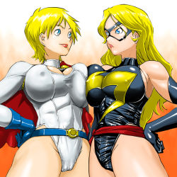 Rule 34 | 2girls, animification, asymmetrical docking, avengers (series), belt, blonde hair, blue eyes, breast press, breasts, cameltoe, cape, carol danvers, cleavage, cleavage cutout, clothing cutout, comic, covered erect nipples, crossover, dc comics, domino mask, elbow gloves, frown, gloves, hand on own hip, hip focus, impossible clothes, justice society, justice society of america, large breasts, leotard, lips, long hair, marvel, mask, ms marvel, multiple girls, power girl, shimotsuki juugo, shirt, short hair, smile, taut clothes, taut shirt, thighs