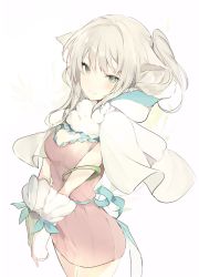 Rule 34 | 1girl, animal ears, blue eyes, blush, capelet, cat ears, closed mouth, cowboy shot, dress, fingerless gloves, fur trim, gloves, grey background, grey hair, long hair, looking at viewer, lpip, pink dress, ponytail, simple background, smile, solo, standing, white background, white gloves
