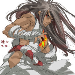 Rule 34 | 1boy, alternate costume, bad id, bad pixiv id, black hair, black sclera, colored sclera, dark-skinned male, dark persona, dark skin, dougi, evil ryu, eyebrows, fang, hand wraps, hip vent, long hair, male focus, messy hair, muscular, nose, red eyes, ryu (street fighter), scar, simple background, solo, street fighter, street fighter iv (series), thick eyebrows, torimeiro, torn clothes