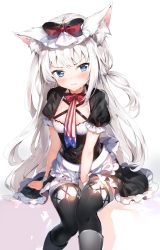 Rule 34 | 1girl, 3:, absurdres, american flag, american flag print, animal ears, apron, azur lane, between legs, black bow, black thighhighs, blue eyes, blush, boots, bow, breasts, cat ears, closed mouth, dress, flag print, frill trim, frills, grey footwear, hair bow, hammann (azur lane), hand between legs, hat, highres, knee boots, long hair, maid, maid headdress, necktie, one side up, pout, puffy short sleeves, puffy sleeves, revision, short sleeves, sidelocks, silver hair, sitting, small breasts, solo, thighhighs, tsurime, umibouzu (niito), v-shaped eyebrows, waist apron, wavy mouth, wrist cuffs