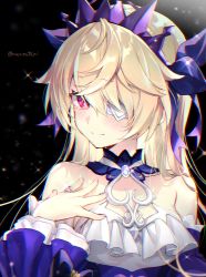 Rule 34 | 1girl, black background, blonde hair, blush, closed mouth, detached sleeves, dress, eyepatch, fischl (ein immernachtstraum) (genshin impact), fischl (genshin impact), genshin impact, hand on own chest, highres, jewelry, long hair, looking at viewer, memeno, purple eyes, ring, smile, solo