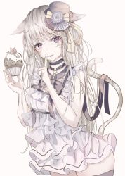 Rule 34 | 1girl, :p, animal ears, bad id, bad pixiv id, bare arms, bare shoulders, black choker, black ribbon, blue flower, breasts, cat ears, cat tail, choker, commentary request, cowboy shot, cupcake, dress, final fantasy, final fantasy xiv, flower, food, frilled dress, frills, hands up, hat, highres, holding, holding food, index finger raised, long hair, looking at viewer, mini hat, miqo&#039;te, purple eyes, ribbon, rose, sakura mochiko, silver hair, simple background, small breasts, solo, standing, tail, thighhighs, tongue, tongue out, white background, white dress, yellow ribbon, zettai ryouiki
