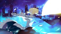 Rule 34 | 1girl, ahoge, armor, artoria pendragon (fate), blonde hair, cityscape, coat, dress, closed eyes, fate/stay night, fate (series), faulds, gauntlets, hair ribbon, joseph lee, long sleeves, ribbon, saber (fate), scarf, skirt, solo, transformation