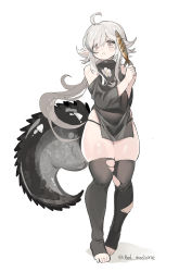 Rule 34 | 1girl, :&lt;, ahoge, arknights, bad id, bad pixiv id, black panties, black shirt, black thighhighs, commentary request, crocodilian tail, fish, fish (food), full body, green hair, grey hair, highres, holding, holding skewer, large tail, light blush, long hair, looking at viewer, multicolored hair, panties, pelvic curtain, pointy ears, red medicine, shirt, simple background, skewer, skindentation, solo, streaked hair, tail, thighhighs, thighs, tomimi (arknights), torn clothes, torn thighhighs, twitter username, underwear, white background, yellow eyes
