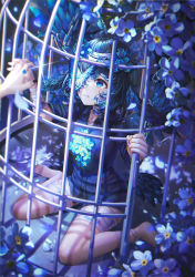 Rule 34 | 1girl, absurdres, ahoge, bandaged arm, bandaged head, bandaged leg, bandaged neck, bandages, bandaid, bandaid on face, barefoot, birdcage, black nails, blue butterfly, blue eyes, blue hair, blue nails, blue shirt, blue theme, blue wings, breasts, bug, butterfly, cage, closed mouth, collared shirt, feathered wings, full body, head wings, highres, holding hands, insect, looking away, low wings, medium breasts, mirage (rairudiseu), multiple wings, nail polish, one eye covered, original, resolution mismatch, shirt, short hair, short sleeves, sitting, solo focus, source larger, wariza, wings