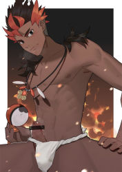 Rule 34 | 1boy, abs, bar censor, black eyes, border, breath, brown hair, censored, closed mouth, collarbone, commentary request, creatures (company), dark-skinned male, dark skin, erection, frown, fundoshi, game freak, japanese clothes, jewelry, kiawe (pokemon), looking at viewer, looking down, male focus, multicolored hair, necklace, nintendo, nipples, orange hair, outside border, pectorals, penis, poke ball, poke ball (basic), pokemon, pokemon sm, short hair, solo, toned, two-tone hair, white border, yaowu