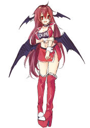 Rule 34 | 1girl, alternate costume, blush, boots, breasts, cleavage, collarbone, crop top, demon girl, demon wings, embarrassed, full body, head wings, high heel boots, high heels, highres, knee boots, koakuma, kyouda suzuka, large breasts, long hair, looking at viewer, open mouth, race queen, red eyes, red footwear, red hair, red skirt, sketch, skirt, smile, solo, touhou, wings, wrist cuffs