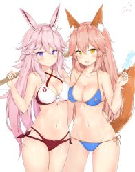Rule 34 | 2girls, absurdly long hair, animal ears, bikini, blush, breast press, breasts, cleavage, closed mouth, collarbone, cowboy shot, fate/grand order, fate (series), food, fox ears, fox tail, highres, honkai (series), honkai impact 3rd, large breasts, long hair, looking at viewer, multiple girls, navel, open mouth, pink hair, popsicle, purple eyes, rabbit ears, simple background, smile, swimsuit, symmetrical docking, tail, tamamo (fate), tamamo no mae (fate/extra), tosaka teru, very long hair, white background, yae sakura, yellow eyes