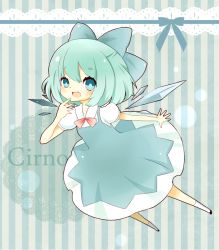 Rule 34 | 1girl, blue background, blue eyes, blue hair, blush, bow, character name, cirno, hair bow, ice, ice wings, mike (mikeneko), open mouth, ribbon, short hair, smile, touhou, wings