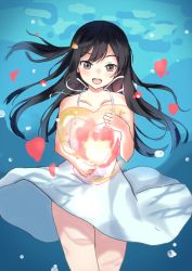 Rule 34 | 1girl, a jet black magician (love live!), artist name, artist request, bare legs, bare shoulders, black hair, blue hair, blush, bow, breasts, collarbone, crescent, crescent necklace, dark blue hair, dress, dress bow, female focus, floating hair, grey eyes, heart, heart (symbol), highres, jewelry, long hair, looking at viewer, love live!, love live! nijigasaki high school idol club, love live! school idol festival, love live! school idol festival all stars, miniskirt, necklace, nekomarunisei, ocean, parted lips, plaid, plaid dress, plaid skirt, pleated, pleated dress, pleated skirt, ponytail, seafloor, side ponytail, skirt, small breasts, smile, solo, striped, striped bow, sundress, white bow, white dress, white skirt, yuuki setsuna (love live!)