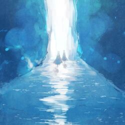 Rule 34 | 2others, blue theme, brown cloak, cloak, commentary request, full body, journey, light particles, light pillar, lowres, multiple others, tokio (okt0w0), traveler (journey), walking, wide shot