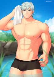 Rule 34 | 1boy, abs, absurdres, alternate pectoral size, bara, black male swimwear, blue eyes, bulge, cloud, cloudy sky, fate/grand order, fate (series), feet out of frame, highres, holding, holding towel, large pectorals, looking at viewer, male focus, male swimwear, mikicat, muscular, muscular male, navel, nipples, onsen, pectorals, percival (fate), see-through, short hair, sky, smile, solo, sparkle, stomach, swim briefs, swimsuit, thick thighs, thighs, towel, water, wet, wet clothes, wet swimsuit, white hair
