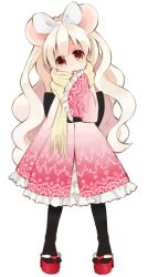 Rule 34 | 1girl, animal ears, black pantyhose, blonde hair, bow, emdo (norabbit), finger to mouth, frills, full body, hair bow, japanese clothes, kimono, long hair, mouse ears, nezubi, original, pantyhose, red eyes, sandals, solo, transparent background