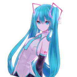 Rule 34 | 1girl, aqua eyes, aqua hair, aqua necktie, arms behind back, artist name, bare shoulders, black skirt, black sleeves, detached sleeves, hair ornament, hatsune miku, highres, holding, holding hair, katorea, long hair, looking at viewer, necktie, pleated skirt, shirt, shoulder tattoo, skirt, sleeveless, sleeveless shirt, solo, tattoo, twintails, upper body, very long hair, vocaloid, white background, white shirt