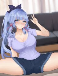 Rule 34 | 1girl, :q, absurdres, alternate costume, ayaka (genshin impact), blue eyes, blue hair, blue ribbon, blue shorts, breasts, cleavage, collarbone, commentary, couch, english commentary, genshin impact, hand up, highres, indoors, large breasts, long hair, looking at viewer, nau aru, purple shirt, ribbon, shirt, short sleeves, shorts, sitting, smile, solo, spread legs, thighs, tongue, tongue out, very long hair, w
