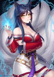 Rule 34 | 1girl, ahri (league of legends), animal ears, arm under breasts, bare shoulders, black hair, blush, breasts, cleavage, collarbone, commentary request, facial mark, fingernails, fox ears, fox tail, helloimtea, highres, korean clothes, large breasts, league of legends, long fingernails, long hair, long sleeves, looking at viewer, magic, multiple tails, nail polish, patreon username, red nails, smile, solo, tail, twitter username, vastaya, very long hair, watermark, web address, whisker markings, yellow eyes