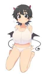 1girl absurdres barefoot black_eyes black_hair blush breasts bural_chingu closed_mouth crop_top demon_girl demon_horns demon_tail flying_sweatdrops full_body hair_between_eyes highres horns large_breasts luke_(dydansgur) medium_hair off_shoulder panties red_horns see-through seong_mi-na_(bural_chingu) simple_background sitting solo tail underwear white_background white_panties wings