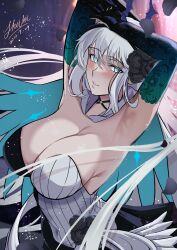 Rule 34 | 1girl, absurdres, alternate breast size, armpits, arms up, black dress, black flower, black gloves, black hairband, black rose, blue cape, blue eyes, blush, breasts, cape, cleavage, closed mouth, commission, covered navel, dated, dress, elbow gloves, fate/grand order, fate (series), flower, gloves, gradient gloves, green gloves, grey hair, hair flower, hair ornament, hairband, highres, large breasts, light particles, long hair, looking at viewer, morgan le fay (fate), pixiv commission, rose, shiki (love-saber), signature, smile, solo, strapless, strapless dress, striped clothes, striped dress, two-tone dress, upper body, vertical-striped clothes, vertical-striped dress, very long hair, white dress