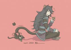 Rule 34 | 2020, 2boys, ^ ^, absurdres, animal ear fluff, animal ears, black cat, black hair, black tail, cat, closed eyes, cup, dated, fengxi (the legend of luoxiaohei), full body, hand up, highres, holding, holding cup, indian style, long hair, long sleeves, looking at another, looking back, luo xiaohei, luo xiaohei (cat), luo xiaohei zhanji, lying, motion lines, mugi-co, multiple boys, notice lines, november, on back, pink background, shadow, simple background, sitting, smile, tail