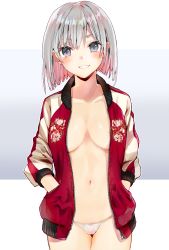 Rule 34 | 1girl, blue eyes, blush, bow, bow panties, breasts, collarbone, commentary request, cowboy shot, eyebrows hidden by hair, grey background, grey hair, grin, hands in pockets, highres, jacket, letterman jacket, long sleeves, looking at viewer, medium breasts, multicolored hair, navel, no bra, no pants, open clothes, open jacket, original, panties, puffy long sleeves, puffy sleeves, red hair, red jacket, smile, solo, tomozero, two-tone background, two-tone hair, underwear, white background, white panties