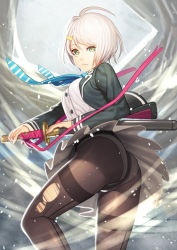 Rule 34 | 1girl, ahoge, ass, black pantyhose, blouse, breasts, clothes lift, cowboy shot, expressionless, female focus, fighting stance, from behind, from side, frown, green eyes, hair ornament, hairclip, holding, holding sword, holding weapon, katana, large breasts, looking at viewer, necktie, ogino (oginogino), original, panties, panties under pantyhose, pantyhose, ready to draw, school uniform, sheath, sheathed, shirt, short hair, silver hair, skirt, skirt lift, solo, striped necktie, sword, torn clothes, torn pantyhose, underwear, upskirt, weapon, white shirt, wind, wind lift