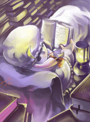Rule 34 | 1girl, bad id, bad pixiv id, book, female focus, gua, hat, holding, lamp, long sleeves, looking back, lying, on back, pale skin, patchouli knowledge, purple theme, red eyes, ribbon, signature, solo, touhou