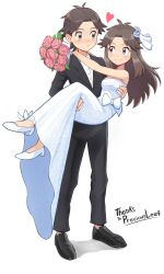 Rule 34 | 1boy, 1girl, absurdres, bare shoulders, black footwear, blush, bouquet, brown eyes, brown hair, carrying, commission, creatures (company), dress, flower, full body, game freak, heart, hetero, highres, leaf (pokemon), looking at another, mr.thunderigor, nintendo, pokemon, pokemon frlg, princess carry, red (pokemon), simple background, smile, tuxedo, wedding dress, white background, white footwear