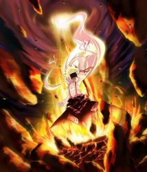 Rule 34 | 1girl, arm up, bow, breasts, epic, female focus, fire, floating, floating hair, floating object, floating rock, floating rocks, fujiwara no mokou, full body, glowing, hair bow, hair ornament, hand up, long hair, long sleeves, looking up, medium breasts, lava, open mouth, outdoors, pants, red pants, roaring, rock, screaming, sharp (renweixia), shirt, shouting, sky, solo, standing, suspenders, teeth, tongue, touhou, very long hair, white hair, white shirt, wide stance