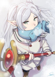 Rule 34 | 1girl, blue scarf, boots, breath, brown footwear, coat, commentary request, drop earrings, earrings, elf, frieren, from above, green eyes, highres, holding, holding staff, jewelry, long hair, looking at viewer, parted bangs, pointy ears, scarf, snow, solo, sooma4869, sousou no frieren, staff, twintails, white coat, white hair, winter clothes, winter coat