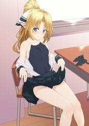 Rule 34 | 1girl, absurdres, black skirt, blonde hair, blue eyes, bowtie, unworn bowtie, breasts, chair, clothes lift, collarbone, desk, elf, enjo kouhai, highres, iris (takunomi), lifting own clothes, long hair, looking at viewer, off shoulder, one-piece swimsuit, open clothes, open shirt, pleated skirt, pointy ears, ponytail, school desk, school swimsuit, shirt, sitting, skirt, skirt lift, small breasts, smile, solo, swimsuit, swimsuit under clothes, takunomi, thighs, wooden floor