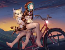 Rule 34 | 10s, 2girls, animal ears, aqua hair, bare legs, bare shoulders, barefoot, bicycle, black hair, blonde hair, bow, bowtie, cat ears, cat tail, closed mouth, detached sleeves, erulon, feet, full body, green eyes, hands in pockets, highres, hood, hood up, hoodie, kemono friends, leaning forward, looking afar, medium hair, miniskirt, multicolored hair, multiple girls, multiple riders, no pants, open mouth, orange eyes, outdoors, sand cat (kemono friends), shirt, sitting, skirt, sky, sleeveless, sleeveless shirt, snake tail, soles, star (sky), starry sky, striped clothes, striped hoodie, striped tail, tail, toes, tsuchinoko (kemono friends), twilight, two-tone hair