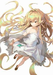 Rule 34 | 1girl, ahoge, bangle, bare shoulders, blonde hair, bracelet, brown eyes, brown footwear, closed mouth, collarbone, commentary request, dress, full body, granblue fantasy, hair between eyes, hair intakes, harvin, jewelry, long hair, melissabelle, pointy ears, see-through, shawl, shoes, simple background, sleeveless, sleeveless dress, smile, solo, strap slip, very long hair, wasabi60, white background, white dress