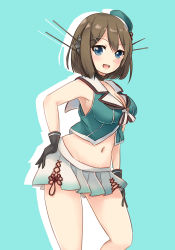 Rule 34 | 10s, 1girl, bare shoulders, beret, black gloves, blue background, blue eyes, breasts, brown hair, cleavage, gloves, groin, hair ornament, hand on own ass, hand on own thigh, hand on thigh, haryuru, hat, headgear, kantai collection, looking at viewer, maya (kancolle), maya kai ni (kancolle), medium breasts, midriff, navel, no panties, open mouth, pleated skirt, short hair, simple background, skirt, smile, solo, standing, x hair ornament