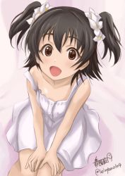 Rule 34 | 10s, 1girl, akagi miria, artist name, bad id, bad twitter id, black hair, brown eyes, dress, flower, from above, hair flower, hair ornament, hands on thighs, haruhata mutsuki, idolmaster, idolmaster cinderella girls, looking at viewer, looking up, off shoulder, open mouth, short dress, short hair, signature, sitting, smile, solo, standing, twintails, twitter username, two side up, white dress
