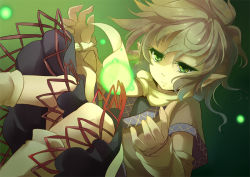 Rule 34 | 1girl, arm warmers, female focus, gradient background, green eyes, grey hair, jitome, light particles, mizuhashi parsee, pointy ears, solo, touhou, yetworldview kaze