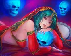 Rule 34 | 1girl, aqua hair, arabian clothes, artist name, bare shoulders, blue fire, braid, breasts, choker, cleavage, fate/grand order, fate (series), fire, flaming skull, floating skull, glowing, harem outfit, jewelry, looking at viewer, lunariavi, lying, nail polish, on stomach, parted bangs, parted lips, puffy sleeves, purple eyes, purple nails, salome (fate), sideboob, sidelocks, signature, skull, smile, solo, twin braids, upper body, veil