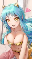 Rule 34 | 1girl, all fours, animal print, aqua hair, bare shoulders, bikini, blush, breasts, cleavage, collarbone, cone horns, fang, heart, highres, horns, large breasts, long hair, looking at viewer, lum, navel, oni, open mouth, pointy ears, print footwear, slit pupils, smile, solo, strapless, strapless bikini, swimsuit, tiger print, ttutto, urusei yatsura, yellow bikini, yellow eyes