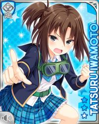 Rule 34 | 1girl, angry, belt, blazer, blue background, blue bow, blue jacket, bow, brown hair, buttons, card, character name, girlfriend (kari), goggles, grey eyes, iwamoto tatsuru, jacket, official art, open mouth, plaid, plaid skirt, pointing, pointing at viewer, ponytail, pouch, qp:flapper, shirt, skirt, smile, solo, standing, surprised, tagme, v-shaped eyebrows, white shirt